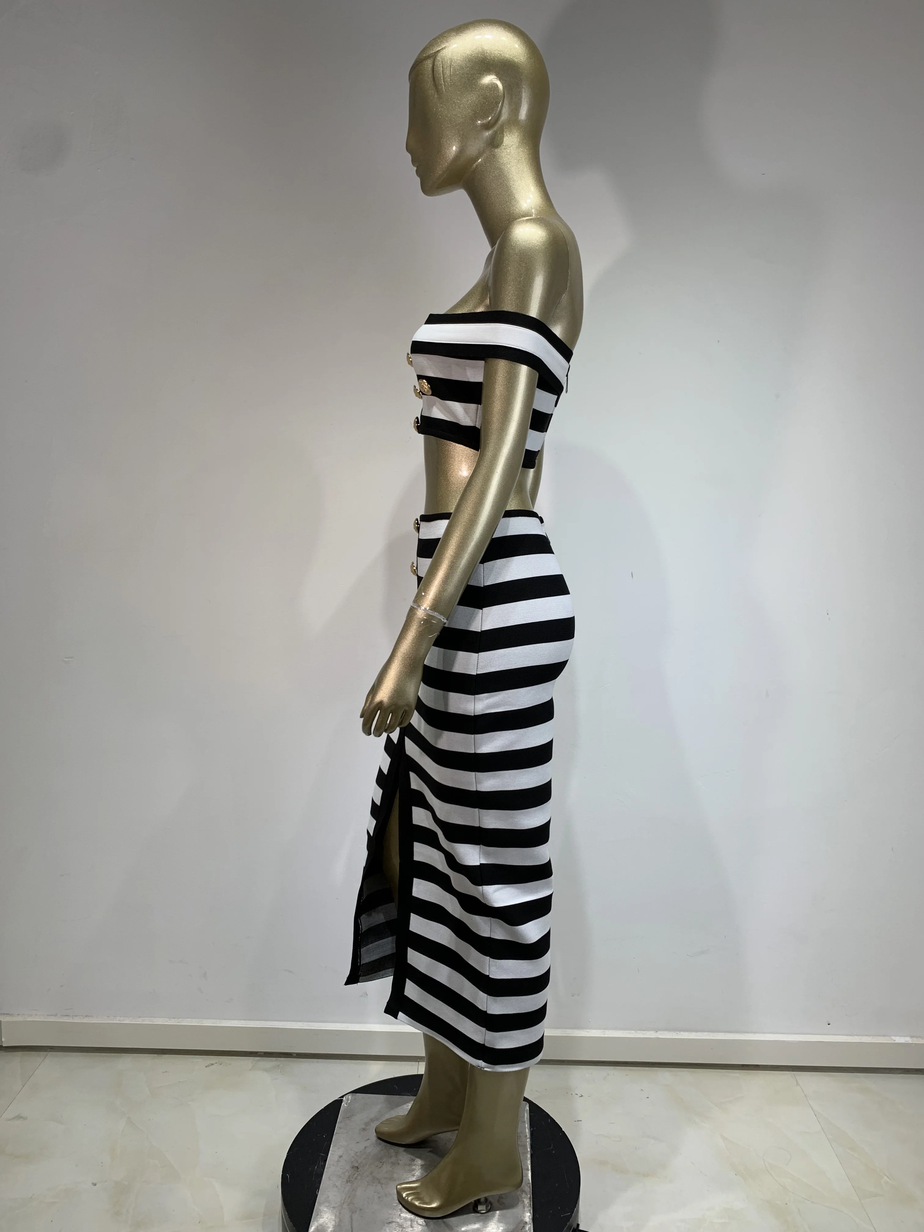 2024 New Women Sexy Slash Neck Striped 2 Pieces Bodycon Bandage Mid-calf Dress Fashion Celebrate Office Lady Elegant Wear