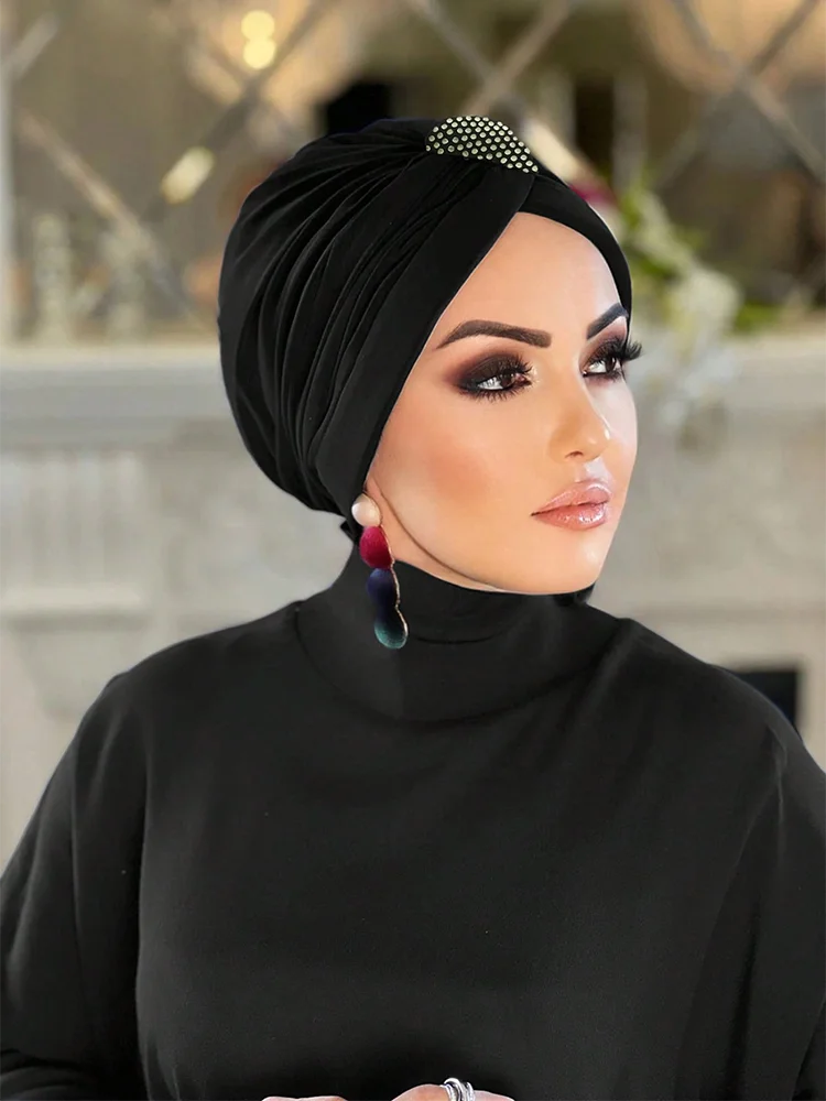 Women Hijab Caps Elastic Fabric Diamonds Muslim Instant Turban Bonnet Ready To Wear Hijabs Hot fix Decoration