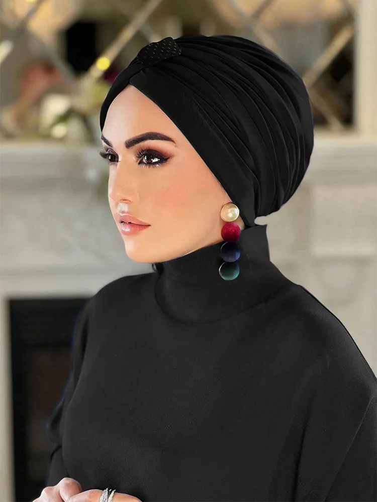 Women Hijab Caps Elastic Fabric Diamonds Muslim Instant Turban Bonnet Ready To Wear Hijabs Hot fix Decoration