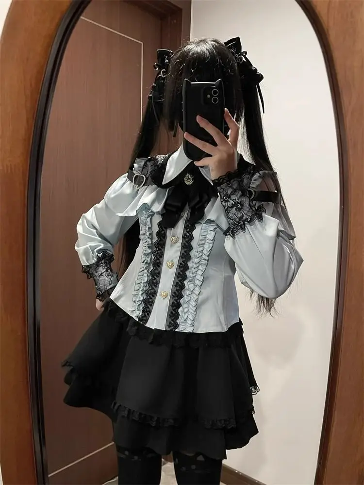 Gothic Women's Clothing Shirt Long Sleeve Lolita Blouse Japanese Bow Tie Sweet Cute Tops Design Streetwear Y2k Retro Blouse New