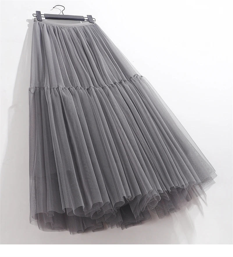 Summer High Waist Long Tulle Skirts for Women Solid Color A-Line Tutu Mesh Clothing Spring Autumn Female Pleated Skirts