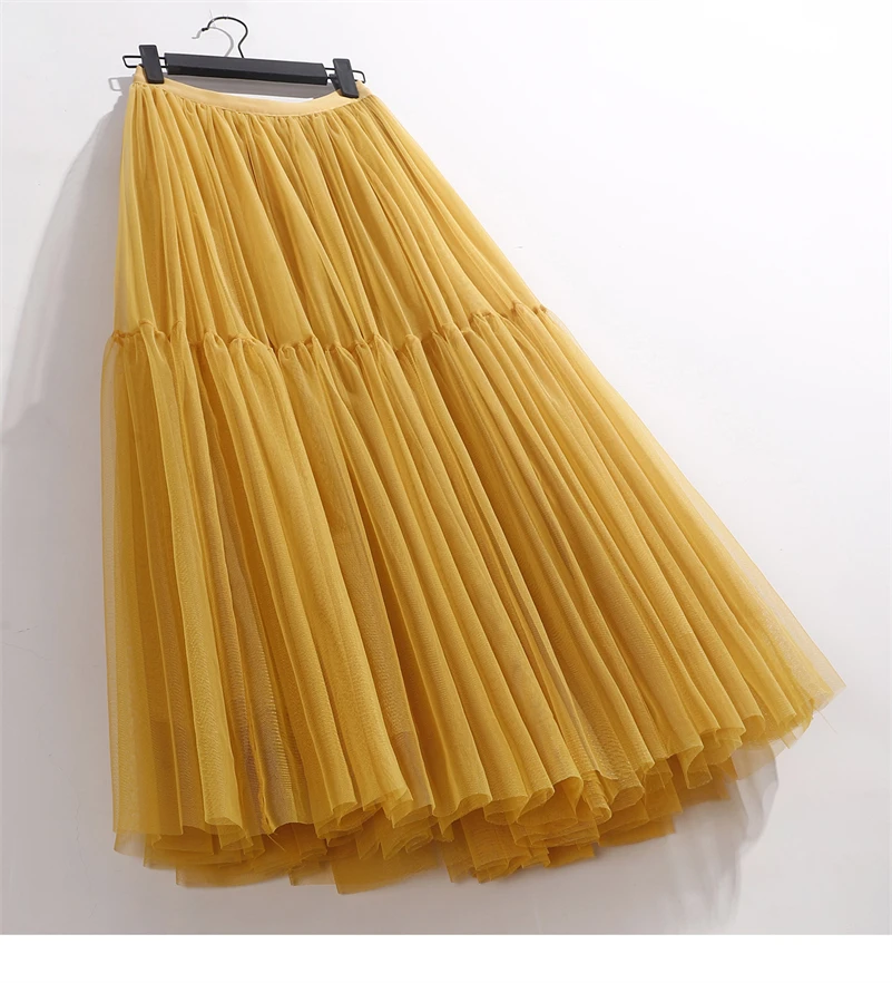 Summer High Waist Long Tulle Skirts for Women Solid Color A-Line Tutu Mesh Clothing Spring Autumn Female Pleated Skirts