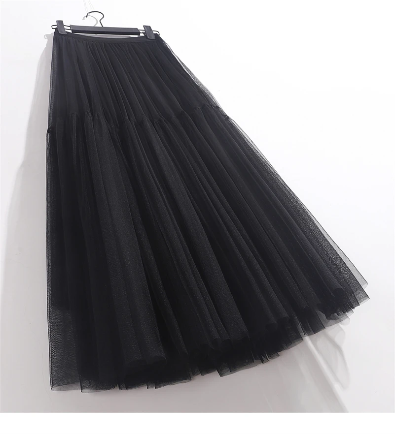 Summer High Waist Long Tulle Skirts for Women Solid Color A-Line Tutu Mesh Clothing Spring Autumn Female Pleated Skirts
