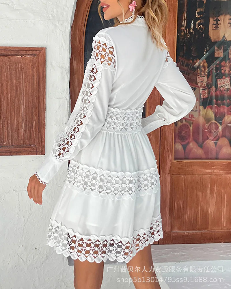 Fashion Womens Dress New 2023 White Hollow Pattern Spliced Long Sleeve Shirt Dresses for Women