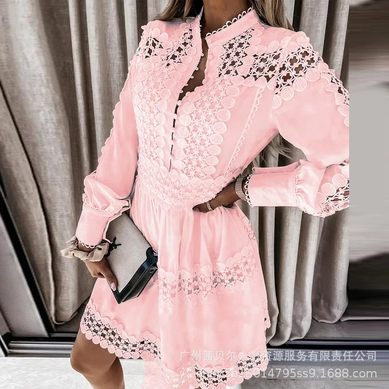 Fashion Womens Dress New 2023 White Hollow Pattern Spliced Long Sleeve Shirt Dresses for Women