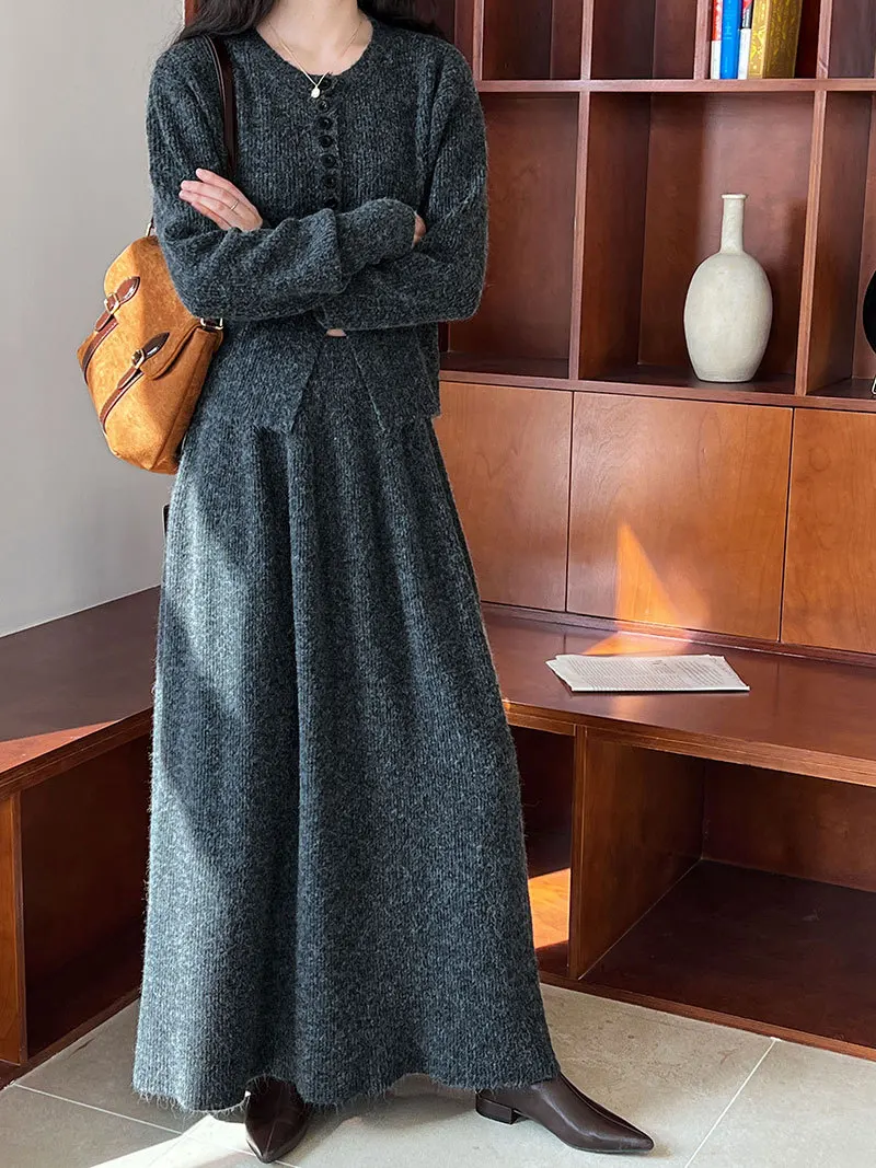 Women Two Pieces Suits O-Neck Knitted Cardigans With A-Line Long Skirt Winter Clothes Tops  Tracksuits Ladies Outfits