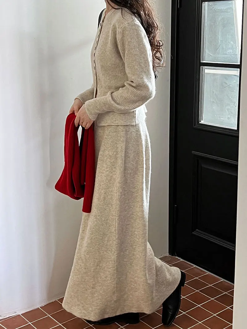 Women Two Pieces Suits O-Neck Knitted Cardigans With A-Line Long Skirt Winter Clothes Tops  Tracksuits Ladies Outfits