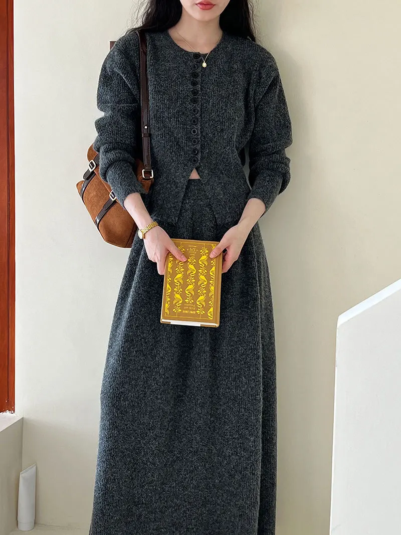 Women Two Pieces Suits O-Neck Knitted Cardigans With A-Line Long Skirt Winter Clothes Tops  Tracksuits Ladies Outfits