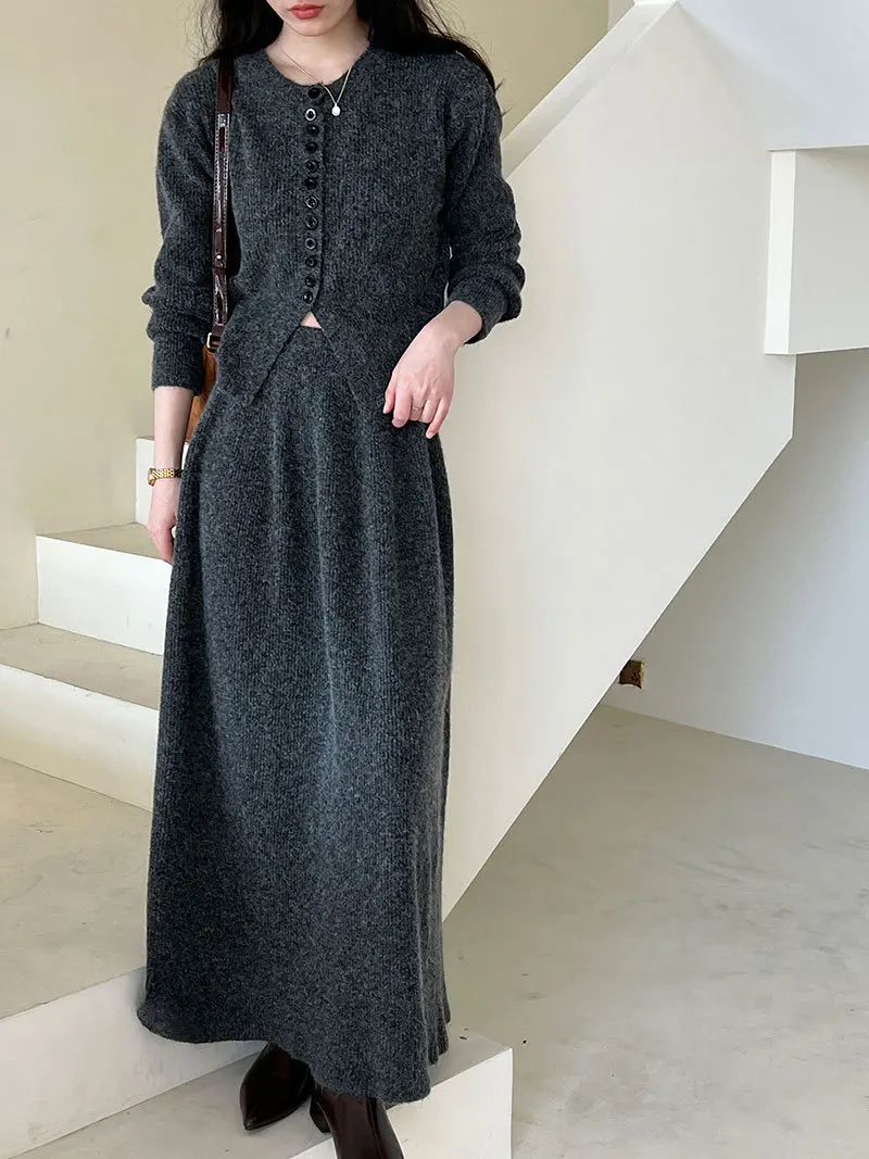Women Two Pieces Suits O-Neck Knitted Cardigans With A-Line Long Skirt Winter Clothes Tops  Tracksuits Ladies Outfits