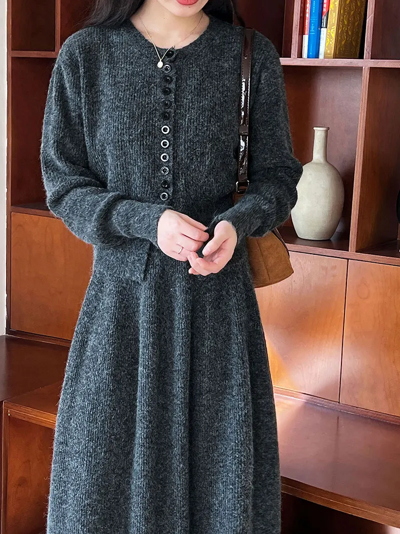 Women Two Pieces Suits O-Neck Knitted Cardigans With A-Line Long Skirt Winter Clothes Tops  Tracksuits Ladies Outfits