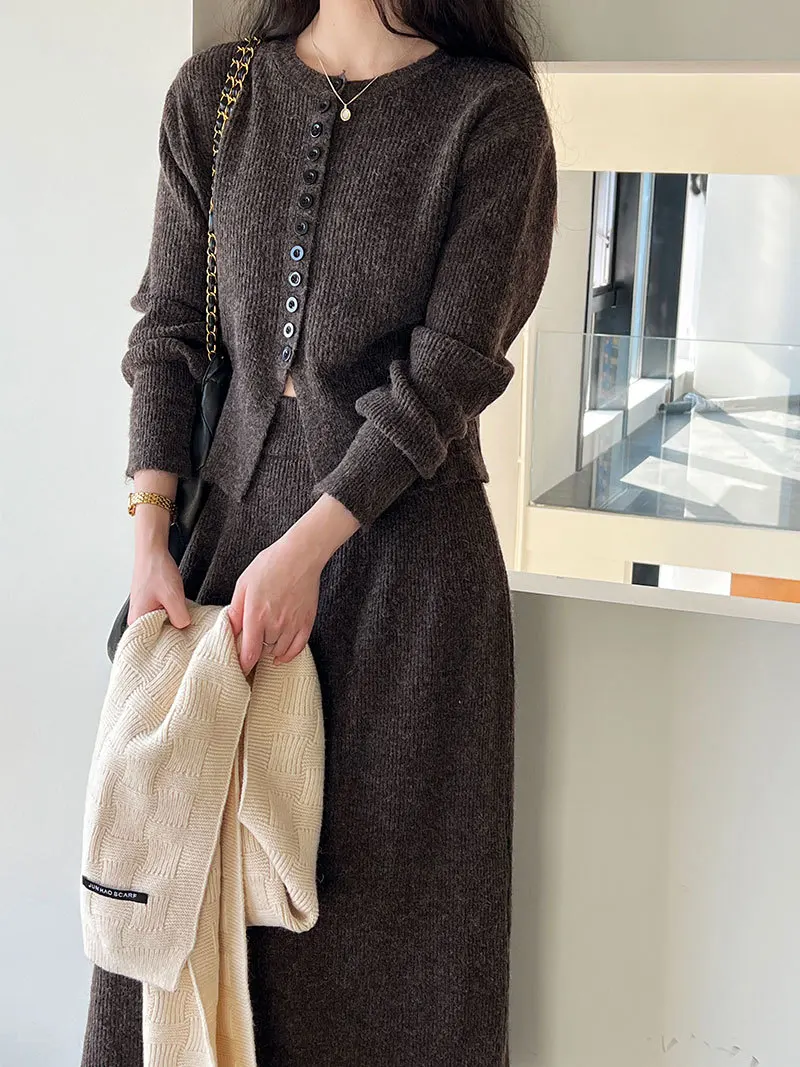Women Two Pieces Suits O-Neck Knitted Cardigans With A-Line Long Skirt Winter Clothes Tops  Tracksuits Ladies Outfits