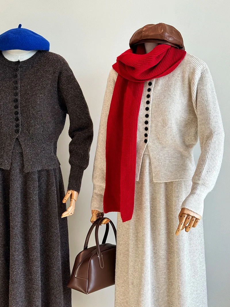 Women Two Pieces Suits O-Neck Knitted Cardigans With A-Line Long Skirt Winter Clothes Tops  Tracksuits Ladies Outfits