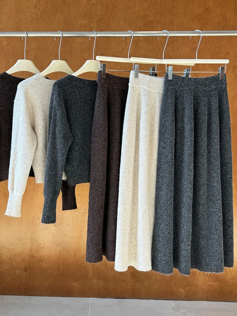 Women Two Pieces Suits O-Neck Knitted Cardigans With A-Line Long Skirt Winter Clothes Tops  Tracksuits Ladies Outfits