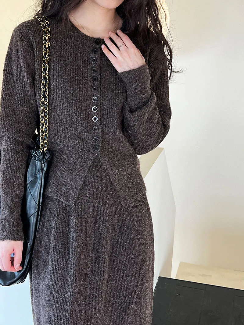 Women Two Pieces Suits O-Neck Knitted Cardigans With A-Line Long Skirt Winter Clothes Tops  Tracksuits Ladies Outfits
