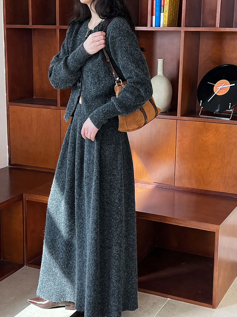 Women Two Pieces Suits O-Neck Knitted Cardigans With A-Line Long Skirt Winter Clothes Tops  Tracksuits Ladies Outfits