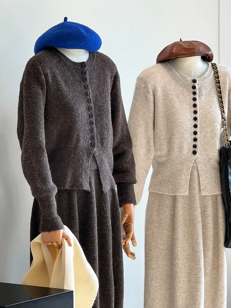 Women Two Pieces Suits O-Neck Knitted Cardigans With A-Line Long Skirt Winter Clothes Tops  Tracksuits Ladies Outfits