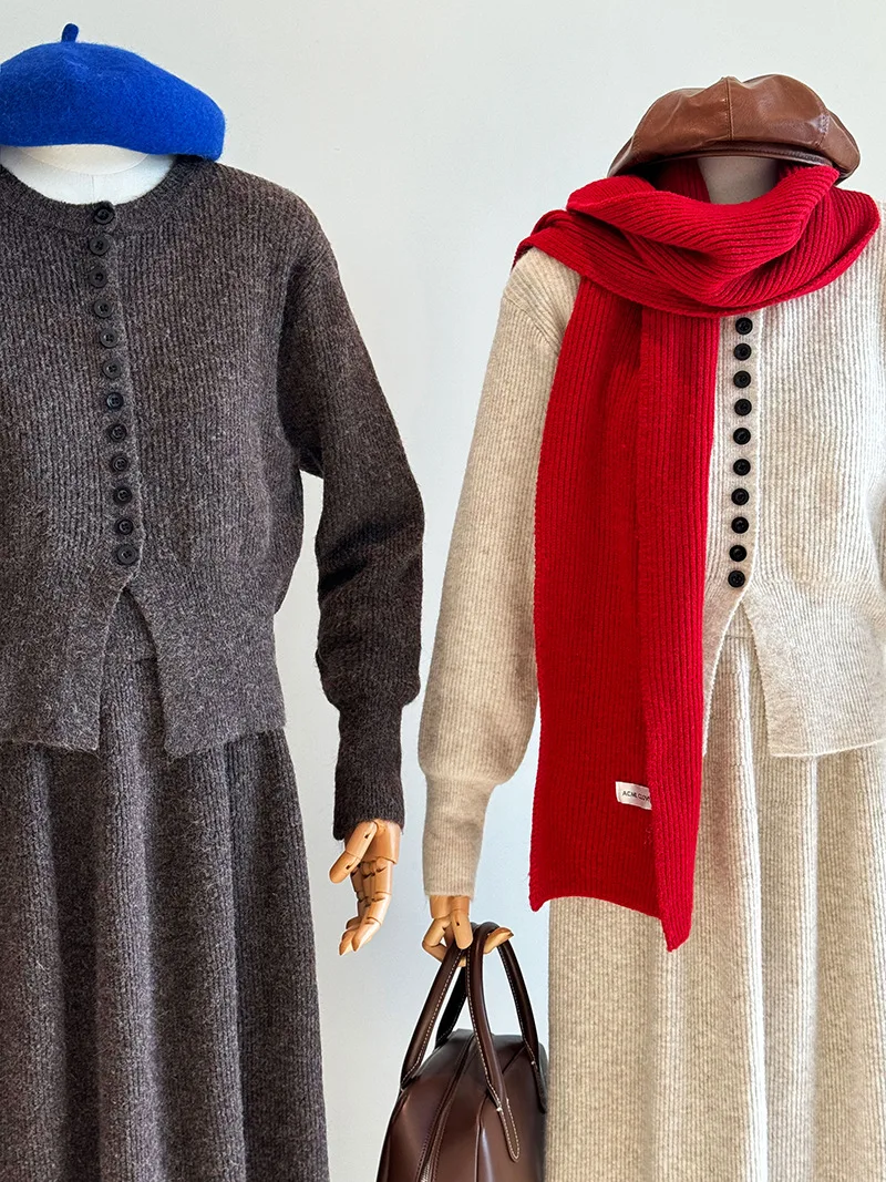 Women Two Pieces Suits O-Neck Knitted Cardigans With A-Line Long Skirt Winter Clothes Tops  Tracksuits Ladies Outfits
