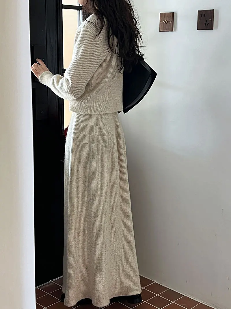 Women Two Pieces Suits O-Neck Knitted Cardigans With A-Line Long Skirt Winter Clothes Tops  Tracksuits Ladies Outfits