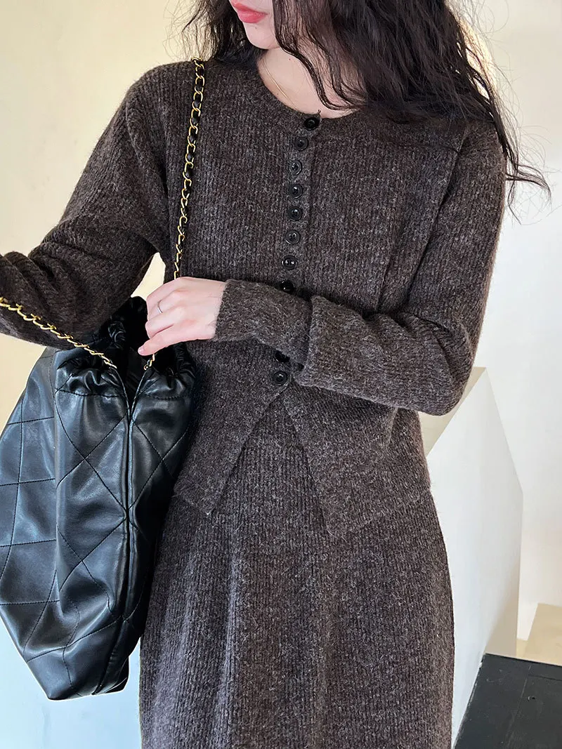 Women Two Pieces Suits O-Neck Knitted Cardigans With A-Line Long Skirt Winter Clothes Tops  Tracksuits Ladies Outfits