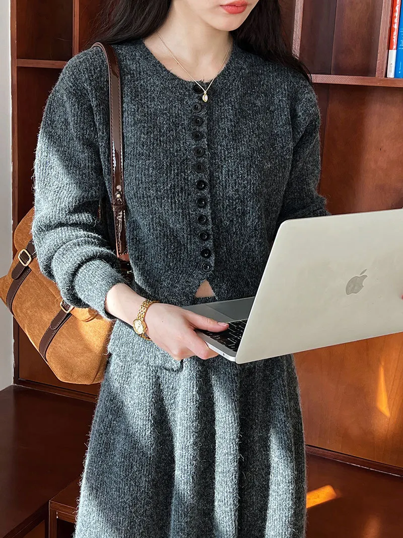 Women Two Pieces Suits O-Neck Knitted Cardigans With A-Line Long Skirt Winter Clothes Tops  Tracksuits Ladies Outfits