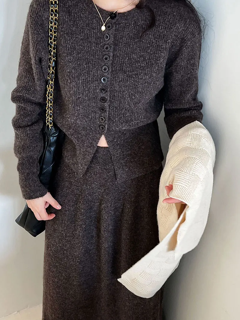 Women Two Pieces Suits O-Neck Knitted Cardigans With A-Line Long Skirt Winter Clothes Tops  Tracksuits Ladies Outfits
