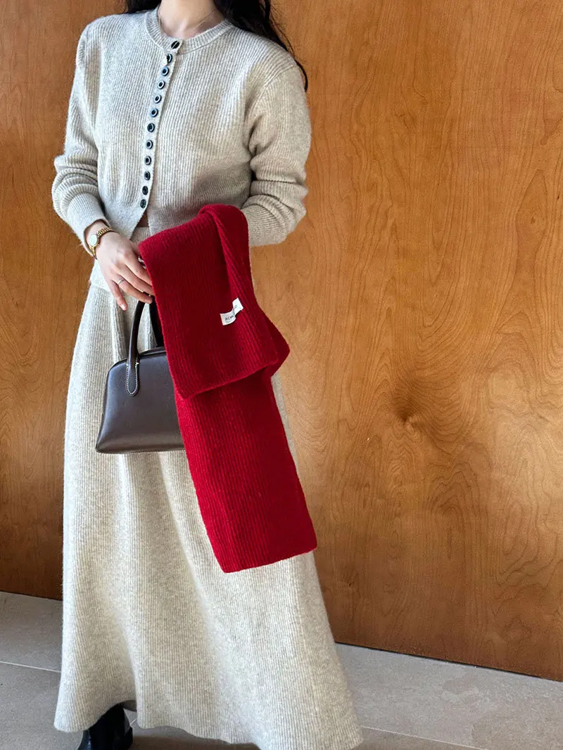 Women Two Pieces Suits O-Neck Knitted Cardigans With A-Line Long Skirt Winter Clothes Tops  Tracksuits Ladies Outfits