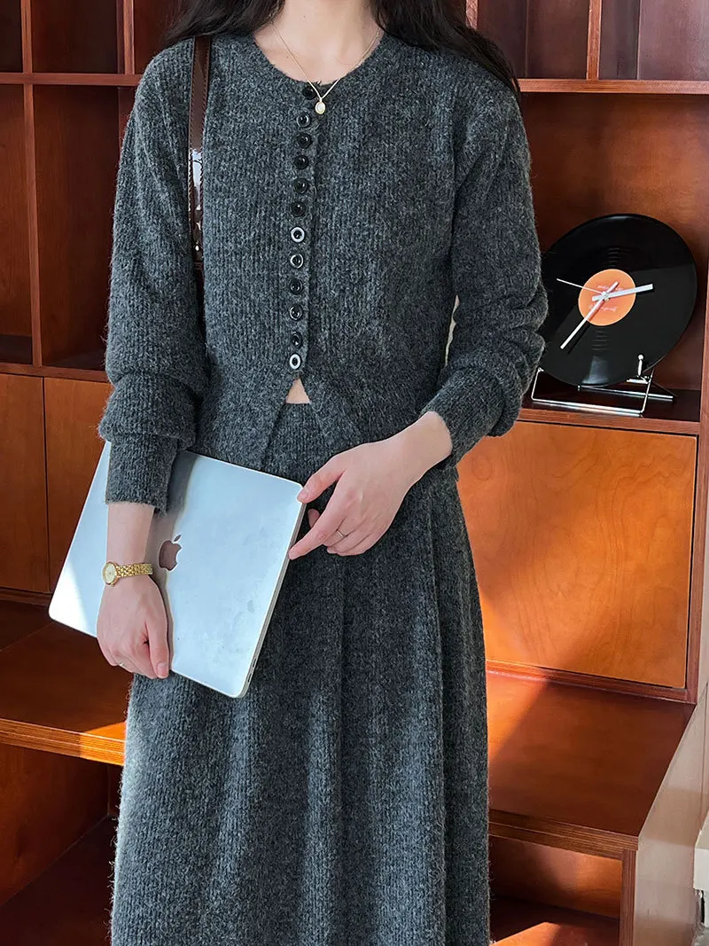 Women Two Pieces Suits O-Neck Knitted Cardigans With A-Line Long Skirt Winter Clothes Tops  Tracksuits Ladies Outfits