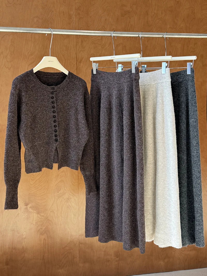 Women Two Pieces Suits O-Neck Knitted Cardigans With A-Line Long Skirt Winter Clothes Tops  Tracksuits Ladies Outfits