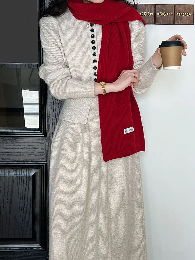 Women Two Pieces Suits O-Neck Knitted Cardigans With A-Line Long Skirt Winter Clothes Tops  Tracksuits Ladies Outfits