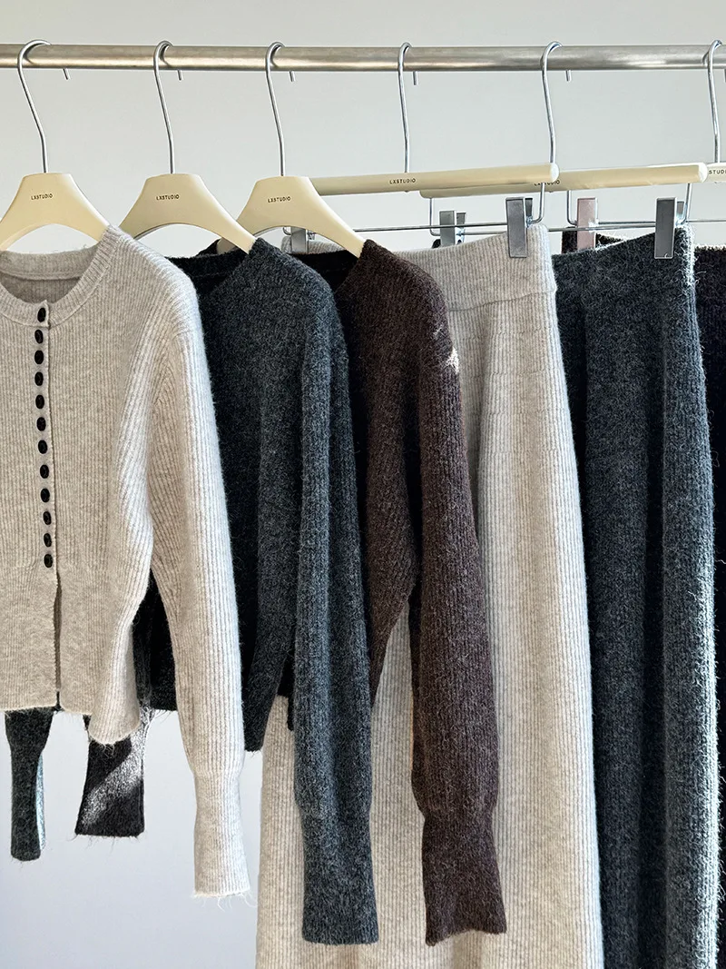 Women Two Pieces Suits O-Neck Knitted Cardigans With A-Line Long Skirt Winter Clothes Tops  Tracksuits Ladies Outfits