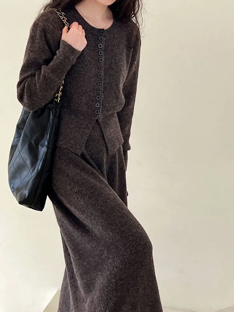 Women Two Pieces Suits O-Neck Knitted Cardigans With A-Line Long Skirt Winter Clothes Tops  Tracksuits Ladies Outfits