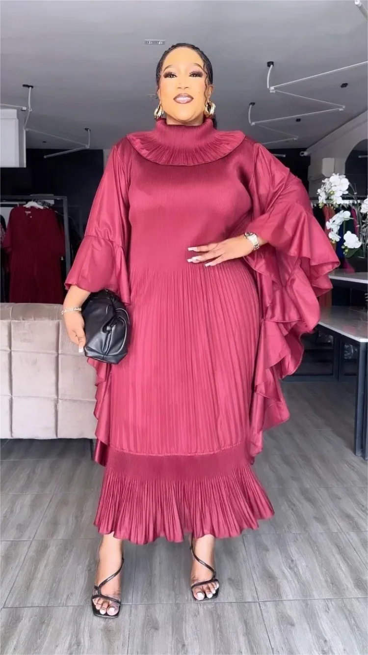 ANLAN 2026 Autumn New Pleated Dress Fashion Lapel Ruffle Sleeves Solid Color Loose Dresses Elegant women's clothing 7AK30392