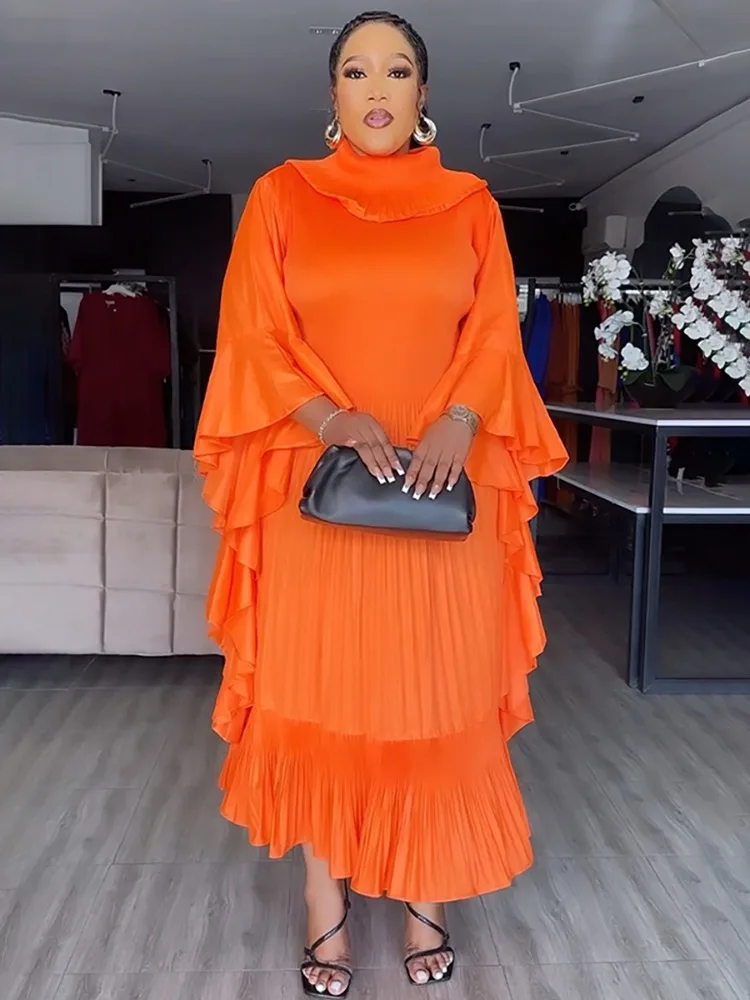 ANLAN 2026 Autumn New Pleated Dress Fashion Lapel Ruffle Sleeves Solid Color Loose Dresses Elegant women's clothing 7AK30392