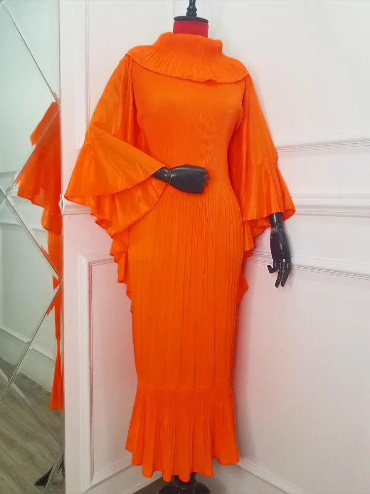 ANLAN 2026 Autumn New Pleated Dress Fashion Lapel Ruffle Sleeves Solid Color Loose Dresses Elegant women's clothing 7AK30392