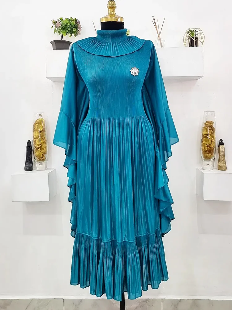 ANLAN 2026 Autumn New Pleated Dress Fashion Lapel Ruffle Sleeves Solid Color Loose Dresses Elegant women's clothing 7AK30392
