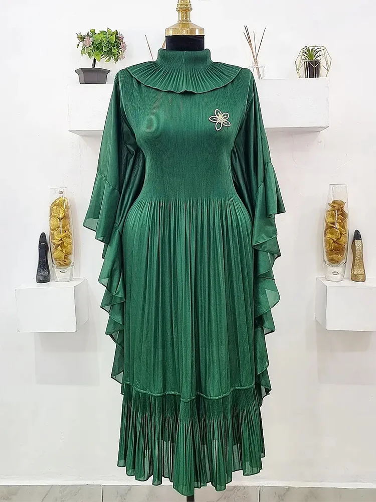 ANLAN 2026 Autumn New Pleated Dress Fashion Lapel Ruffle Sleeves Solid Color Loose Dresses Elegant women's clothing 7AK30392