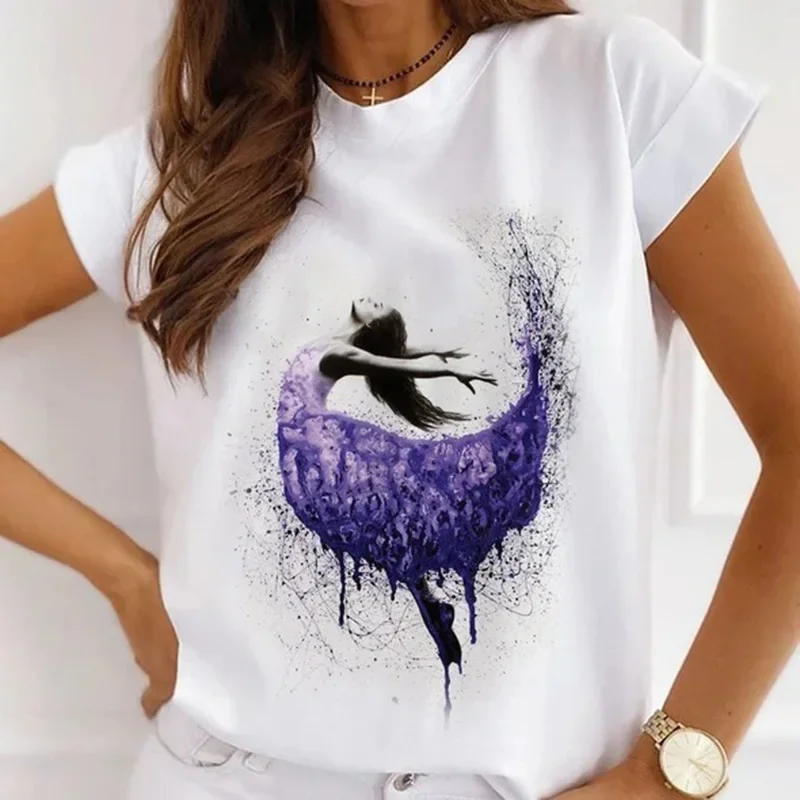 Stylish African Women's Watercolor Ballerina Girl Cute Cartoon Short Sleeve T-shirt Summer Tops Vintage Clothes Oversized Tee