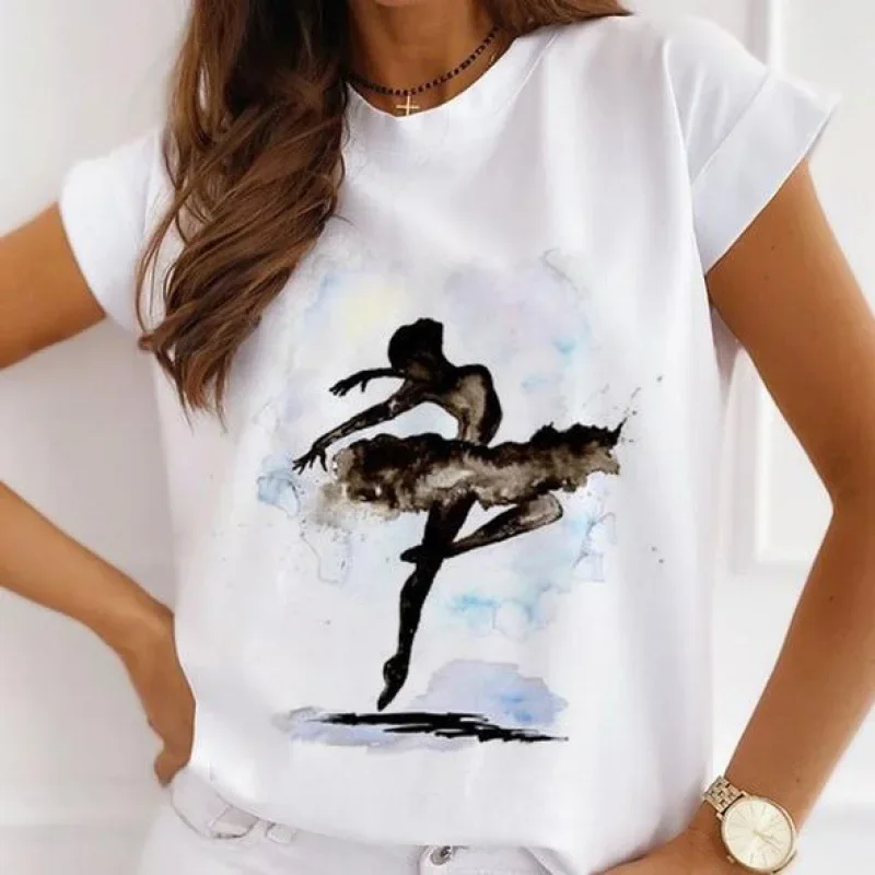 Stylish African Women's Watercolor Ballerina Girl Cute Cartoon Short Sleeve T-shirt Summer Tops Vintage Clothes Oversized Tee
