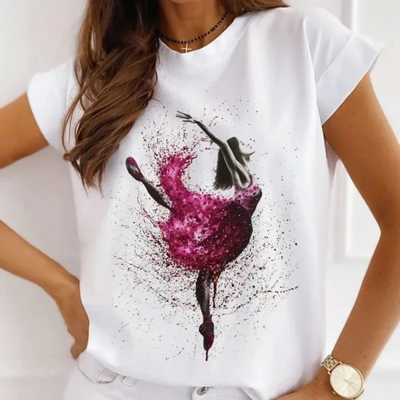 Stylish African Women's Watercolor Ballerina Girl Cute Cartoon Short Sleeve T-shirt Summer Tops Vintage Clothes Oversized Tee