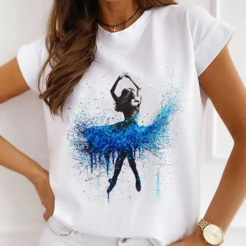 Stylish African Women's Watercolor Ballerina Girl Cute Cartoon Short Sleeve T-shirt Summer Tops Vintage Clothes Oversized Tee