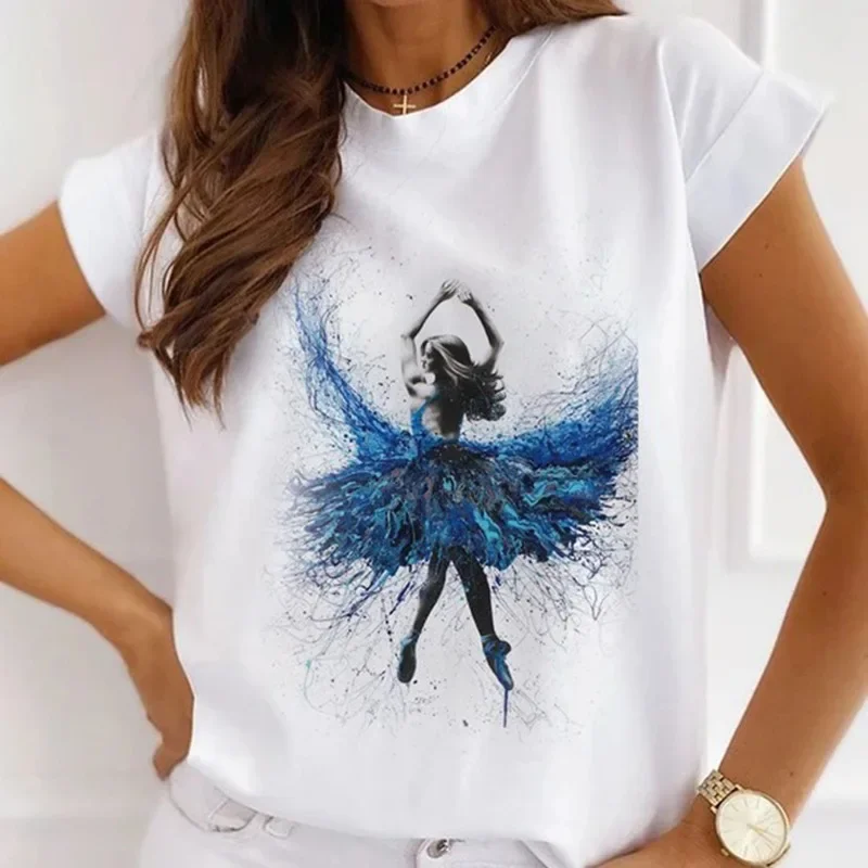 Stylish African Women's Watercolor Ballerina Girl Cute Cartoon Short Sleeve T-shirt Summer Tops Vintage Clothes Oversized Tee