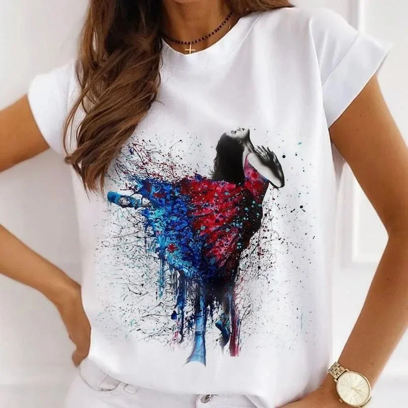Stylish African Women's Watercolor Ballerina Girl Cute Cartoon Short Sleeve T-shirt Summer Tops Vintage Clothes Oversized Tee