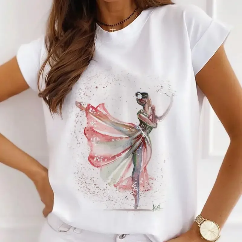 Stylish African Women's Watercolor Ballerina Girl Cute Cartoon Short Sleeve T-shirt Summer Tops Vintage Clothes Oversized Tee