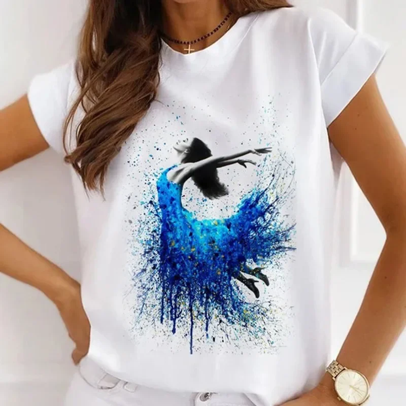 Stylish African Women's Watercolor Ballerina Girl Cute Cartoon Short Sleeve T-shirt Summer Tops Vintage Clothes Oversized Tee