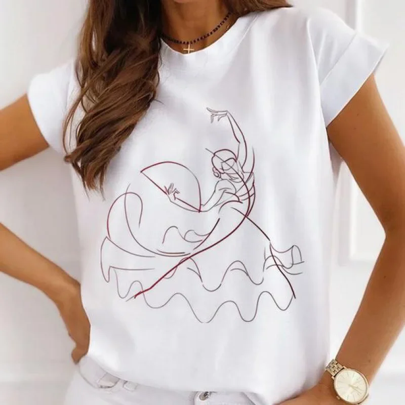 Stylish African Women's Watercolor Ballerina Girl Cute Cartoon Short Sleeve T-shirt Summer Tops Vintage Clothes Oversized Tee