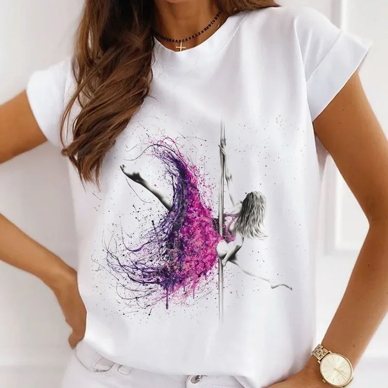 Stylish African Women's Watercolor Ballerina Girl Cute Cartoon Short Sleeve T-shirt Summer Tops Vintage Clothes Oversized Tee