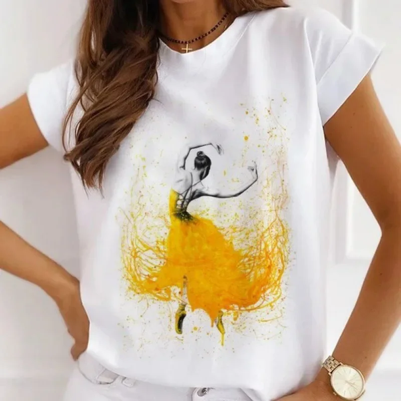 Stylish African Women's Watercolor Ballerina Girl Cute Cartoon Short Sleeve T-shirt Summer Tops Vintage Clothes Oversized Tee