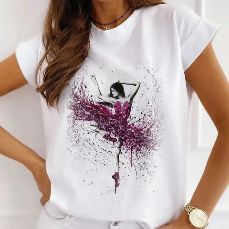 Stylish African Women's Watercolor Ballerina Girl Cute Cartoon Short Sleeve T-shirt Summer Tops Vintage Clothes Oversized Tee