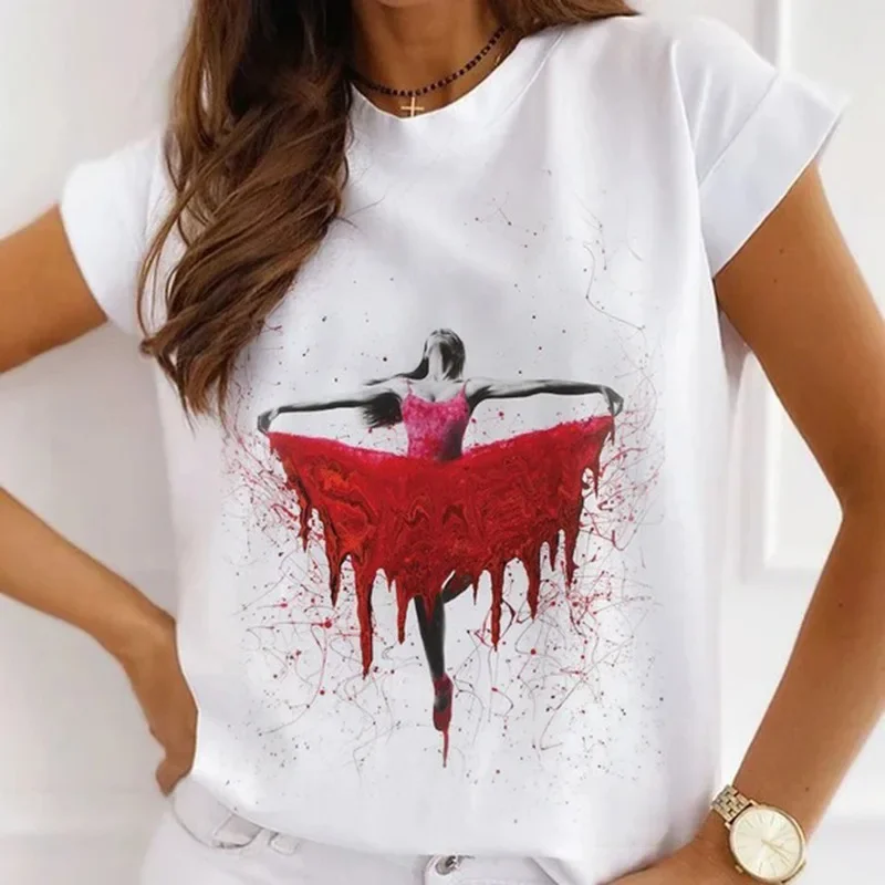 Stylish African Women's Watercolor Ballerina Girl Cute Cartoon Short Sleeve T-shirt Summer Tops Vintage Clothes Oversized Tee
