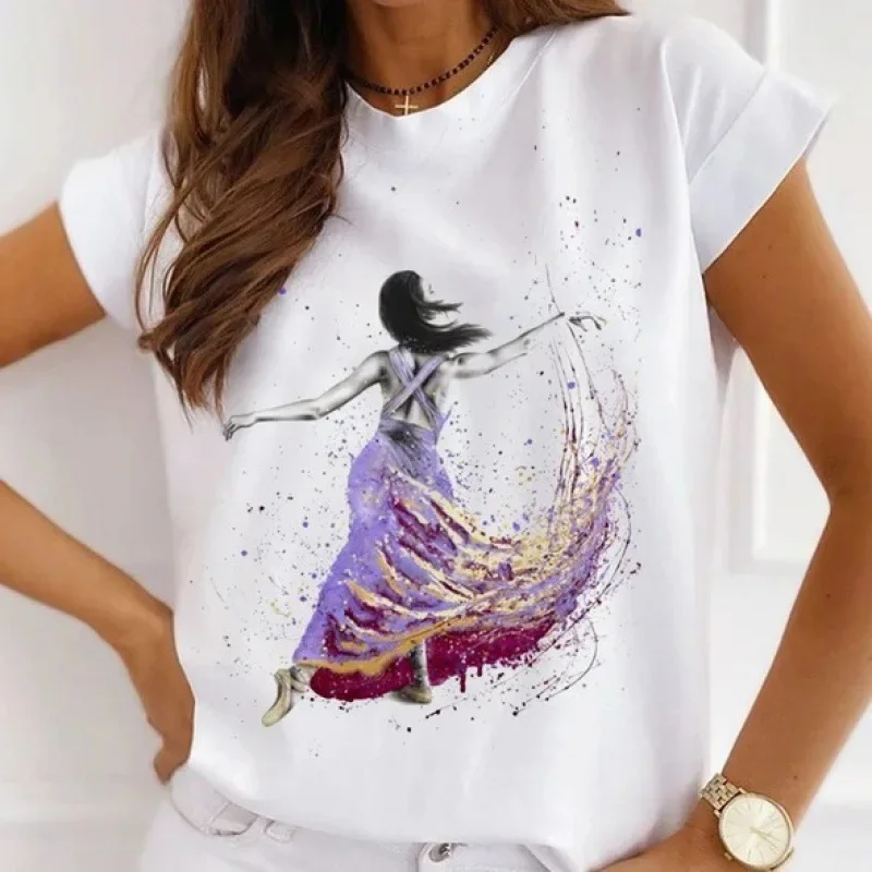 Stylish African Women's Watercolor Ballerina Girl Cute Cartoon Short Sleeve T-shirt Summer Tops Vintage Clothes Oversized Tee